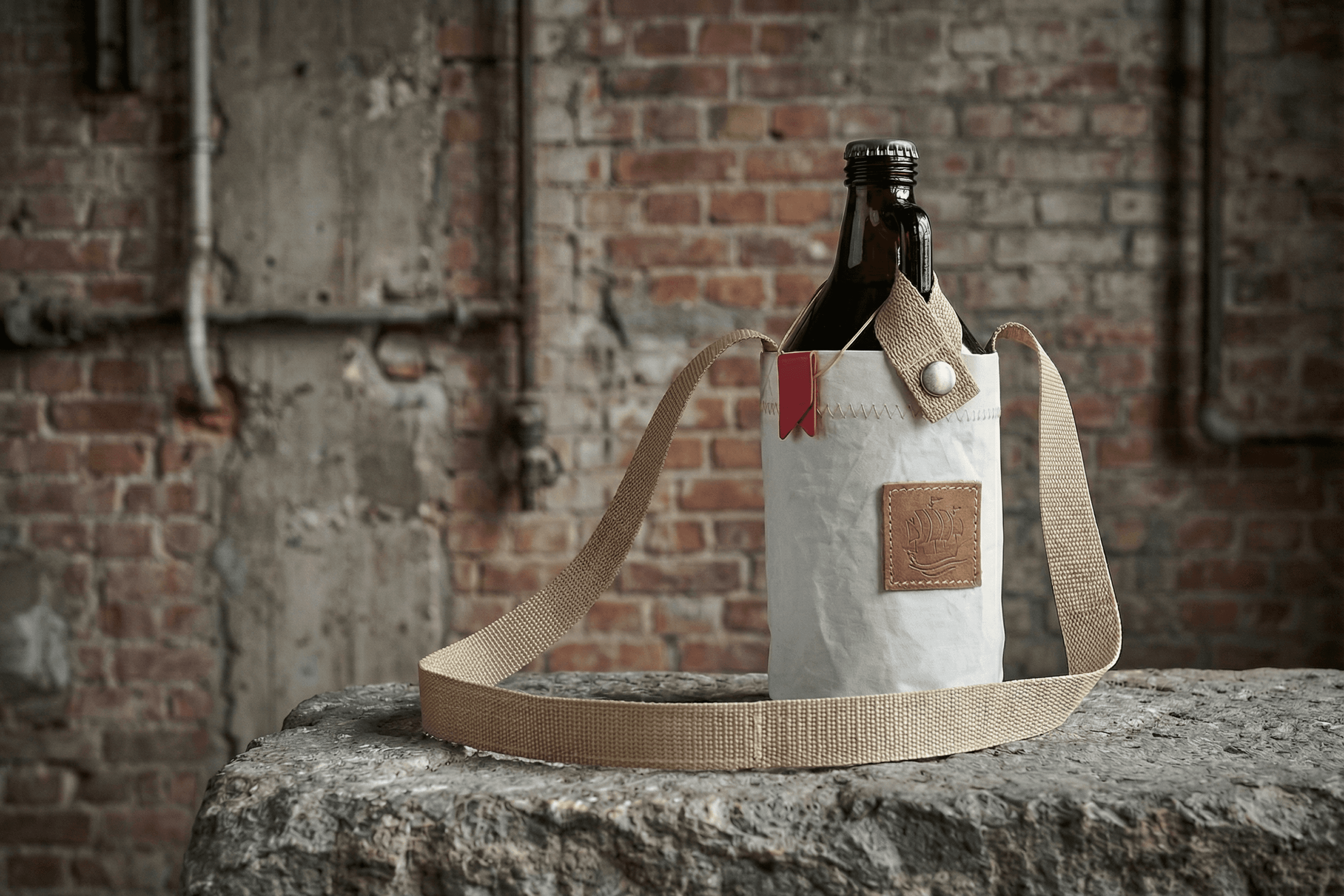 Bottle in canvas holder with leather patch.