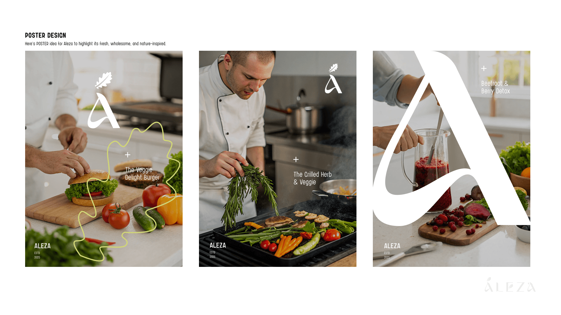 Aleza plant-based restaurant poster designs featuring chef and ingredient shots
