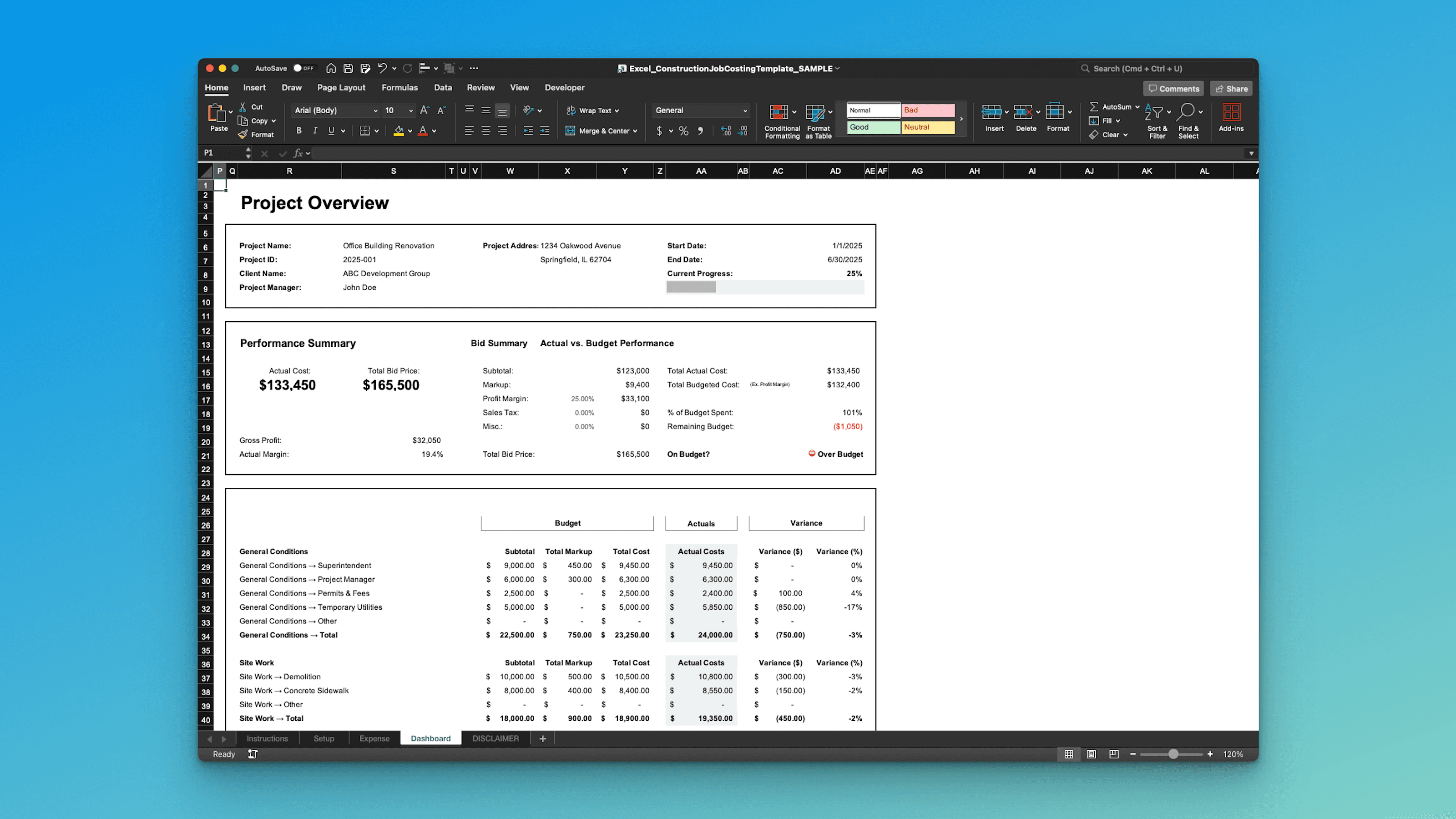 Mighty Template Construction Job Costing dashboard overview – project details, performance summary, bid vs actual comparison, and variance breakdown