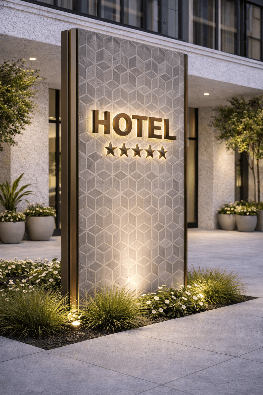 Hex stone cladding applied on modern entrance facade with textured geometric pattern and vertical signage