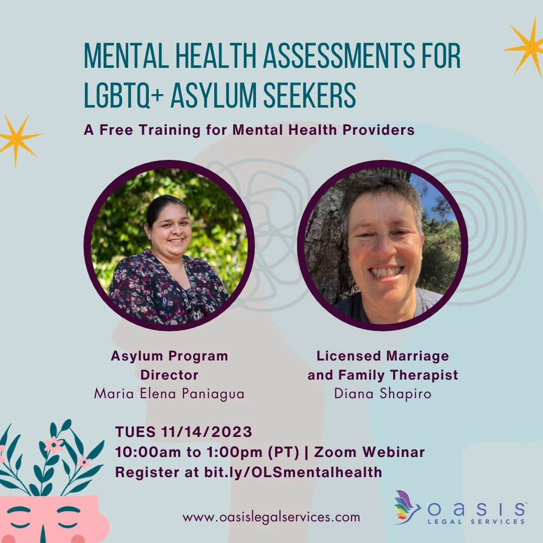 O folheto promove um webinar no Zoom que oferece avaliações gratuitas de saúde mental para solicitantes de asilo LGBTQ+, com palestrantes profissionais e programado para 14 de novembro de 2023.