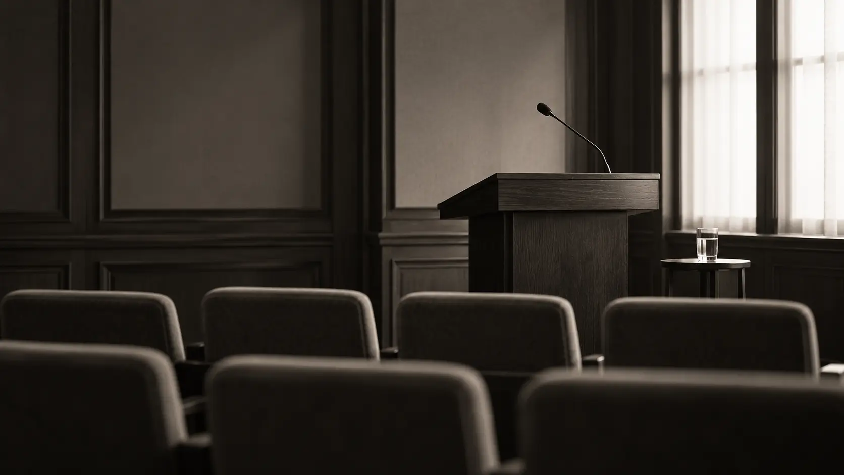 An empty lectern with a single microphone in a panelled room, rows of empty chairs in front