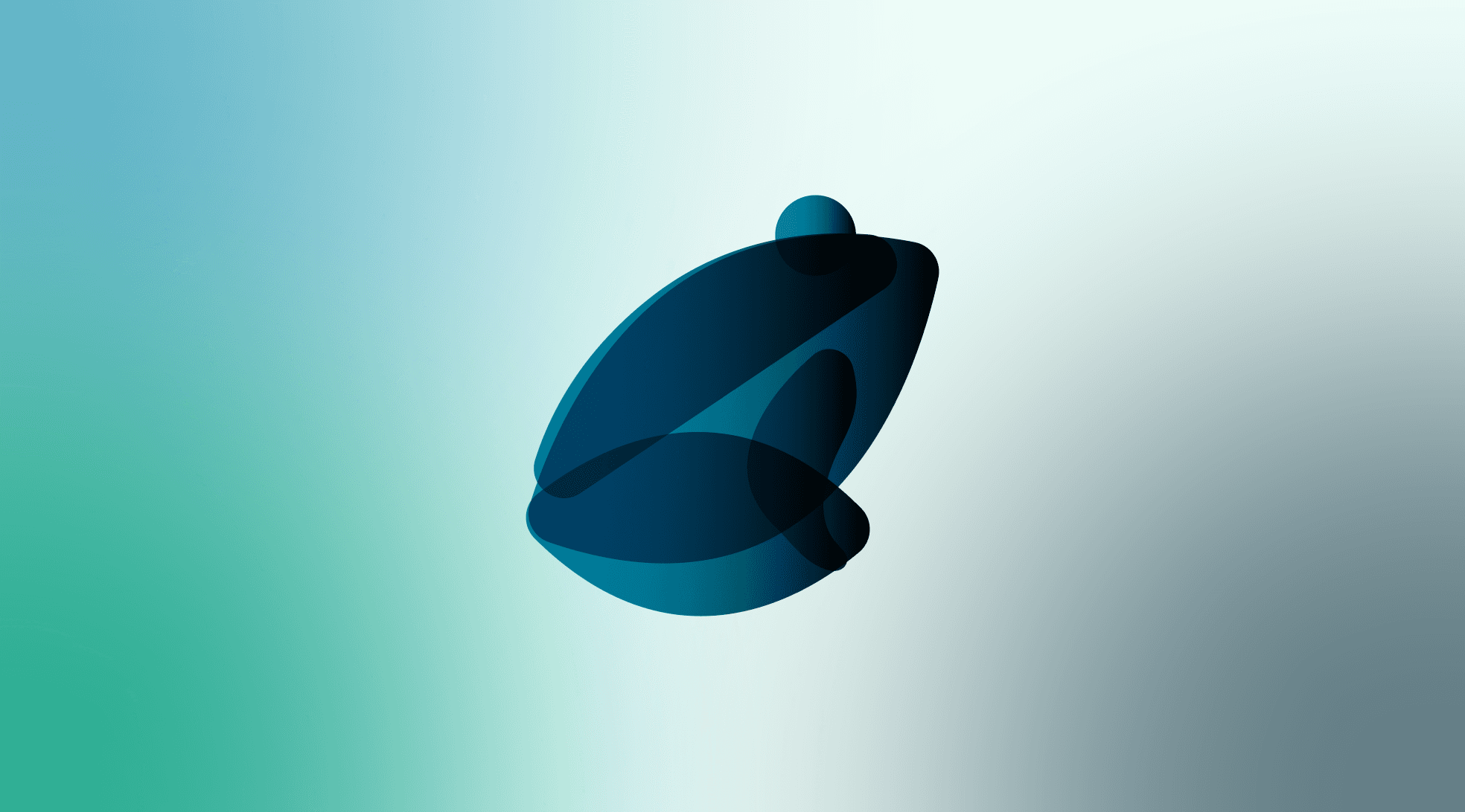 Abstract 3D logo resembling a leaping figure composed of overlapping translucent dark blue shapes. The figure has a rounded head and curved body parts, creating a stylised, forward-leaning posture. The background is a soft gradient transitioning from turquoise to pale grey.