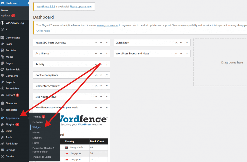 footer edit appearance and widgets tabs