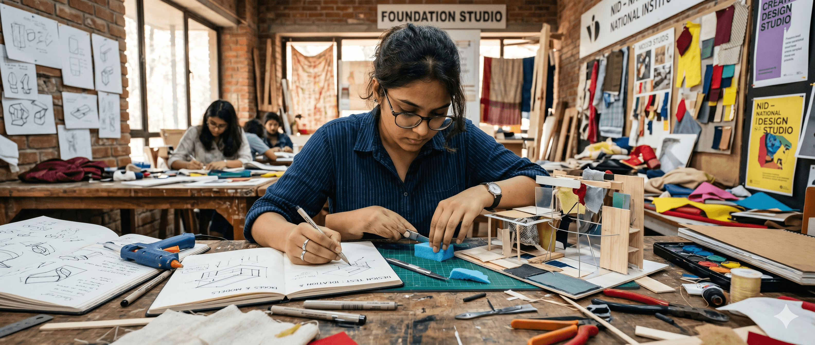 Student demonstrating creative thinking and hands-on skills during a B.Design Studio Test for NID/NIFT admissions.