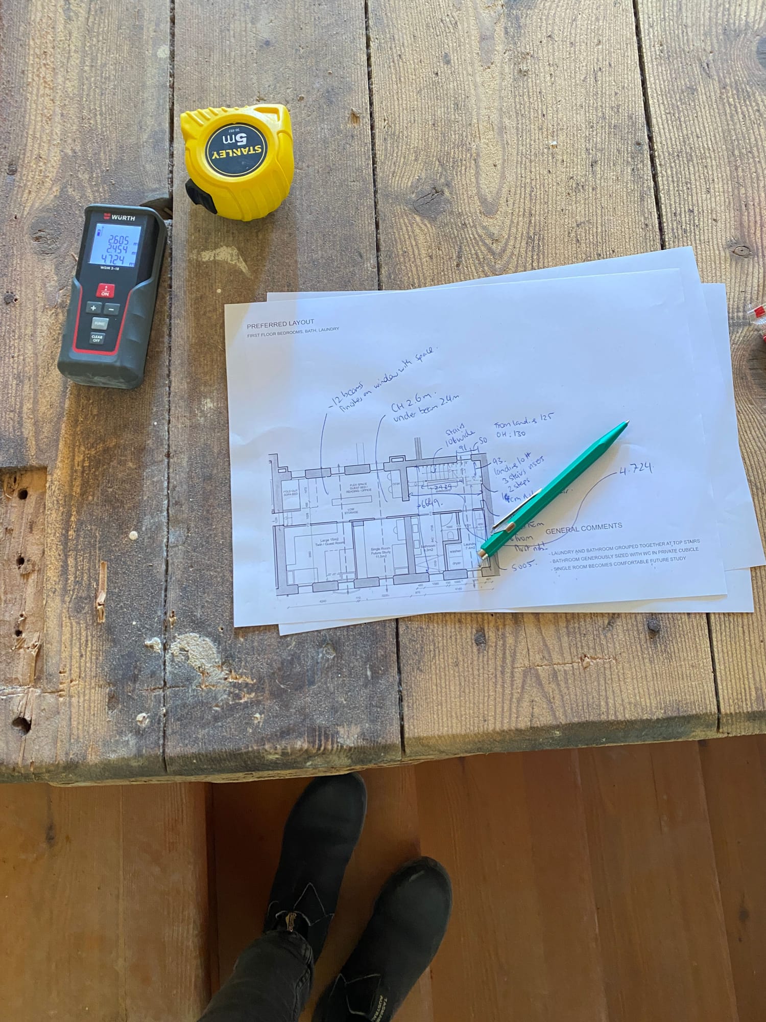 Floor plans and measuring tools on site