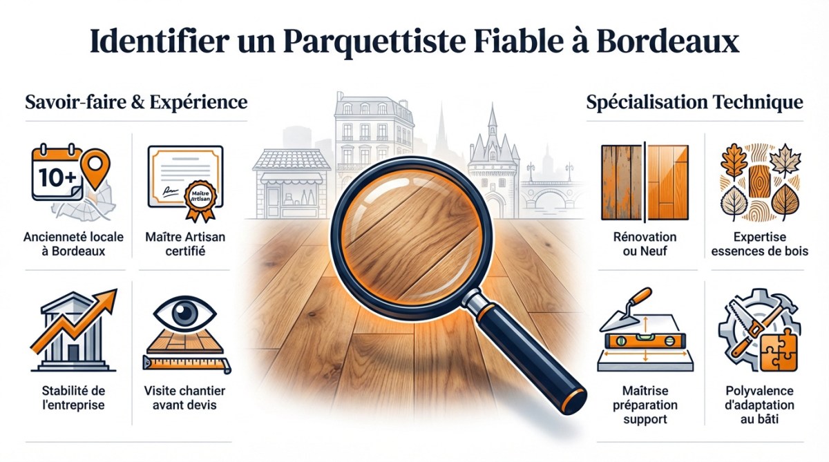 Artisan expert en parquet à Bordeaux vérifiant la qualité du bois avant la pose