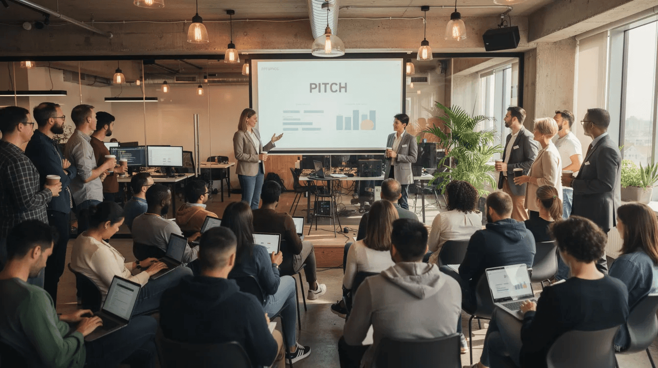 The image depicts a diverse crowd gathered at a startup pitch event in a modern coworking space, where aspiring entrepreneurs present their innovative startups to a mix of experienced investors and potential angel investors. This vibrant setting highlights the crucial role of angel investing in supporting early stage companies and fostering valuable industry connections.