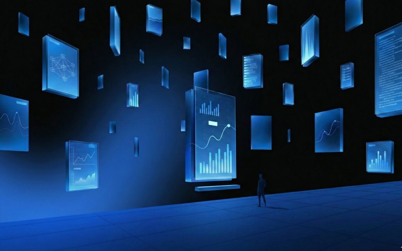 A dark, minimalist digital art piece featuring a silhouette of a person standing on a blue gridded floor, surrounded by floating transparent glass panels displaying glowing blue graphs and data charts against a black and blue gradient background.