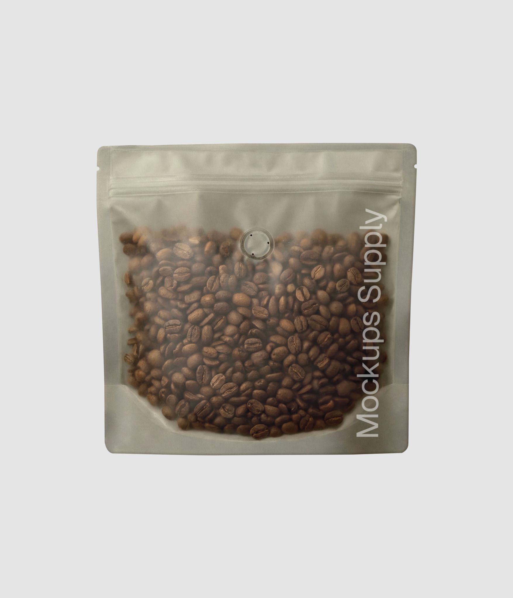 Clean transparent coffee bag mockup with beans and valve for modern branding showcase