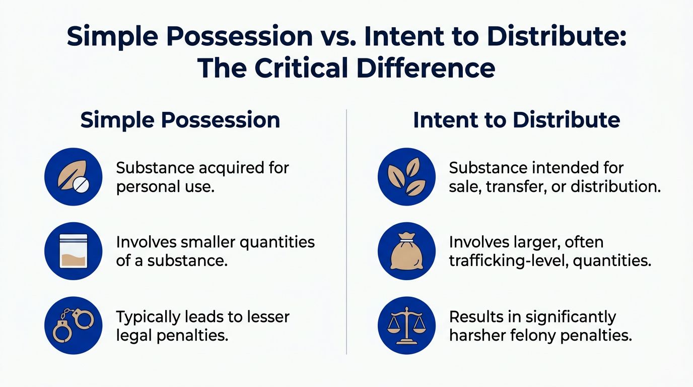 A comparison chart outlining the key legal differences between simple drug possession and intent to distribute charges.