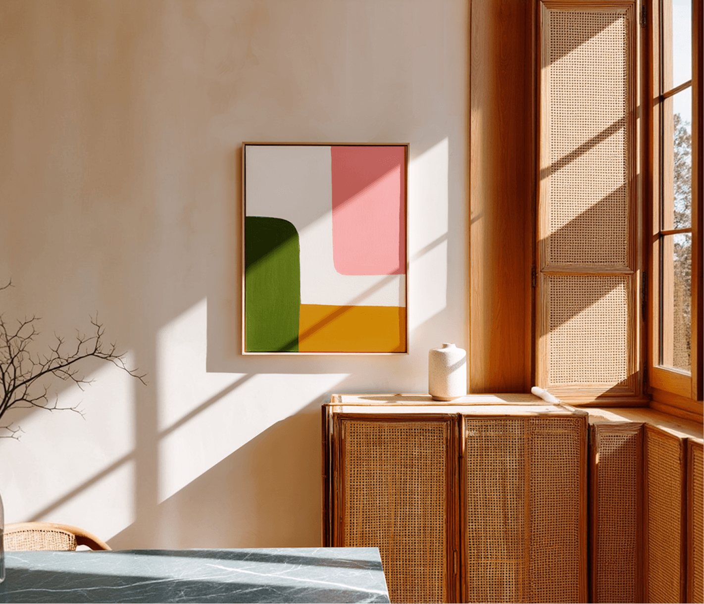 Bright interior corner with geometric colorful wall art, wooden column, rattan cabinet, and dramatic window light casting angular shadows