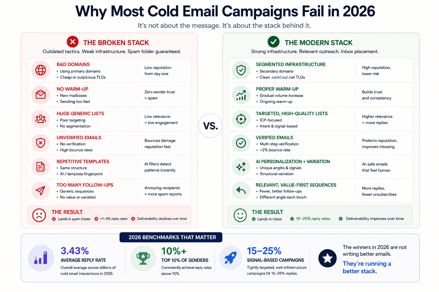 Why most cold email campaigns fail in 2026 infographic comparing broken vs modern email stack strategies and deliverability