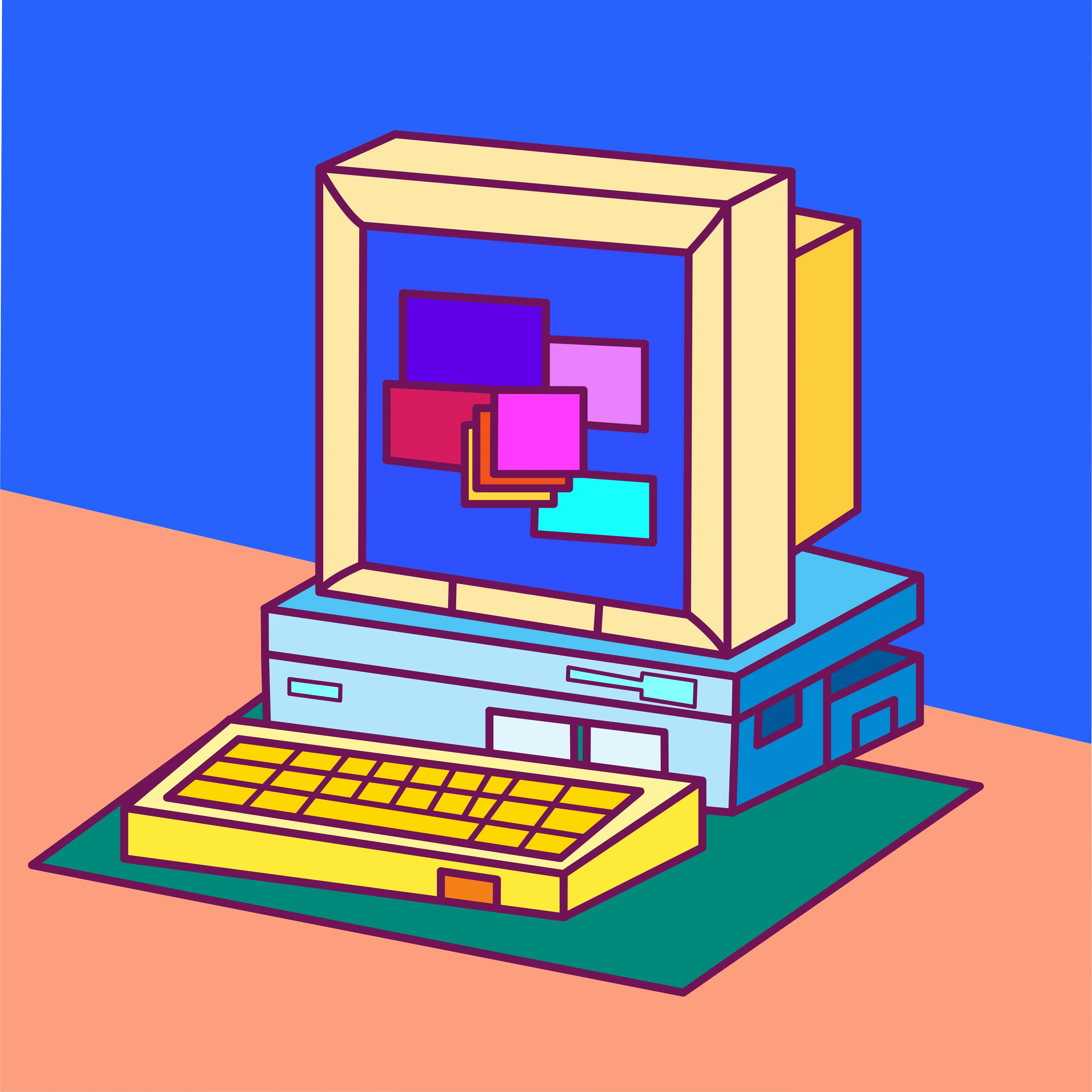Colorful illustration of a retro computer with a beige monitor displaying geometric shapes on a blue screen, sitting on a light blue base unit with a yellow keyboard, representing AI software and technology concepts