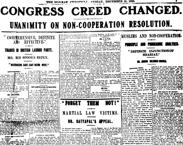Newspaper clipping talking about the Non Cooperation Movement