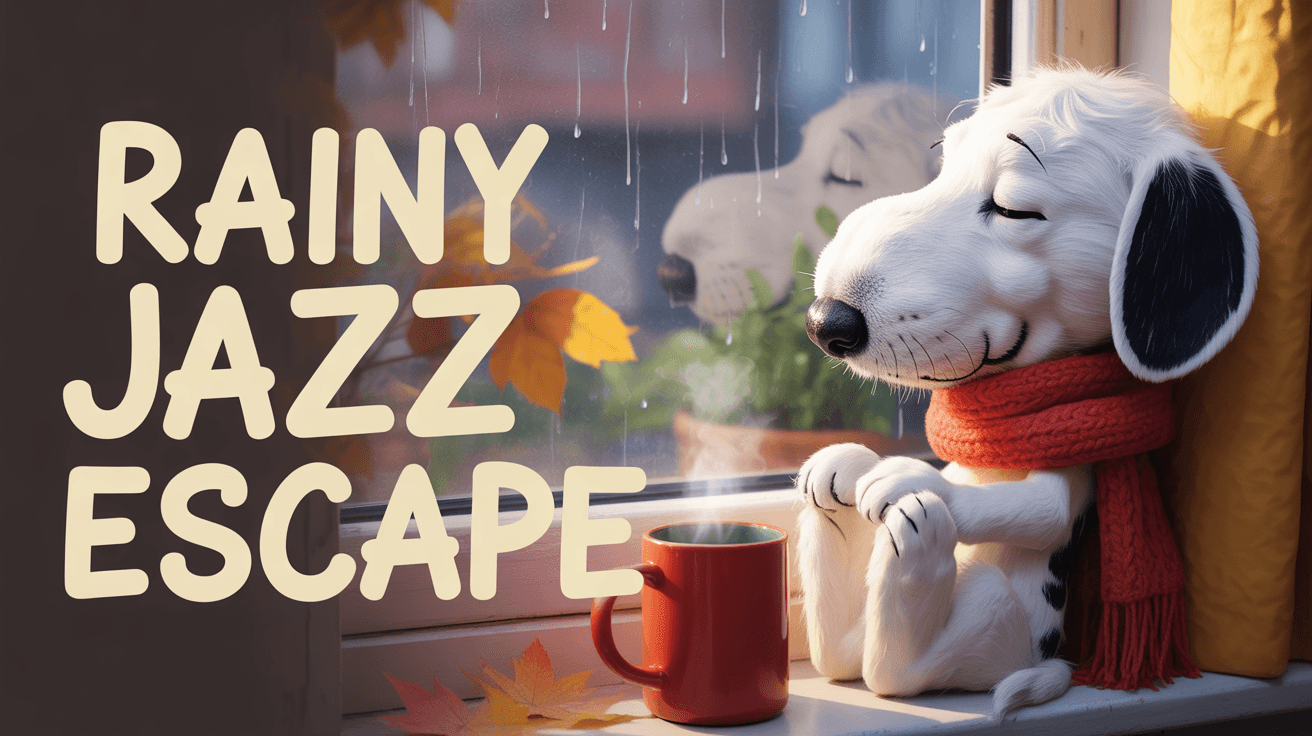 Cozy Snoopy on rainy windowsill with steaming mug autumn leaves and Rainy Jazz Escape text