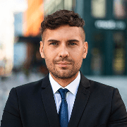 Professional portrait of a young man with a beard and short dark hair, wearing a dark blue suit and a blue necktie.