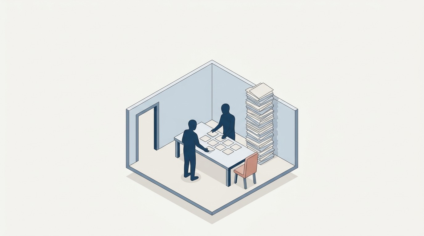 Isometrische Illustration eines Besprechungsraums mit zwei Silhouetten am Kartentisch und einem deckenhohen Mappenstapel: KI-Strategie ohne Verantwortliche.