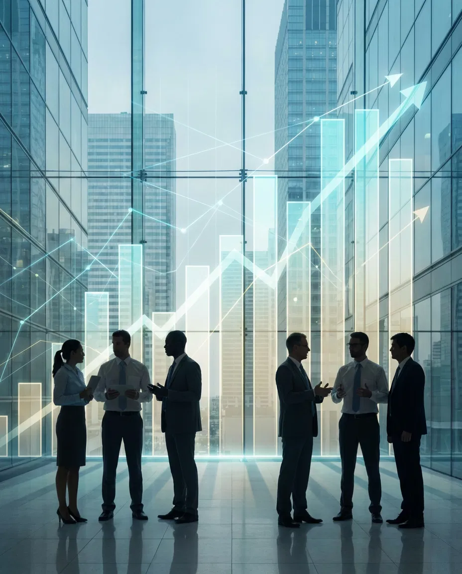 Modern corporate office environment with professionals and abstract economic activity visuals