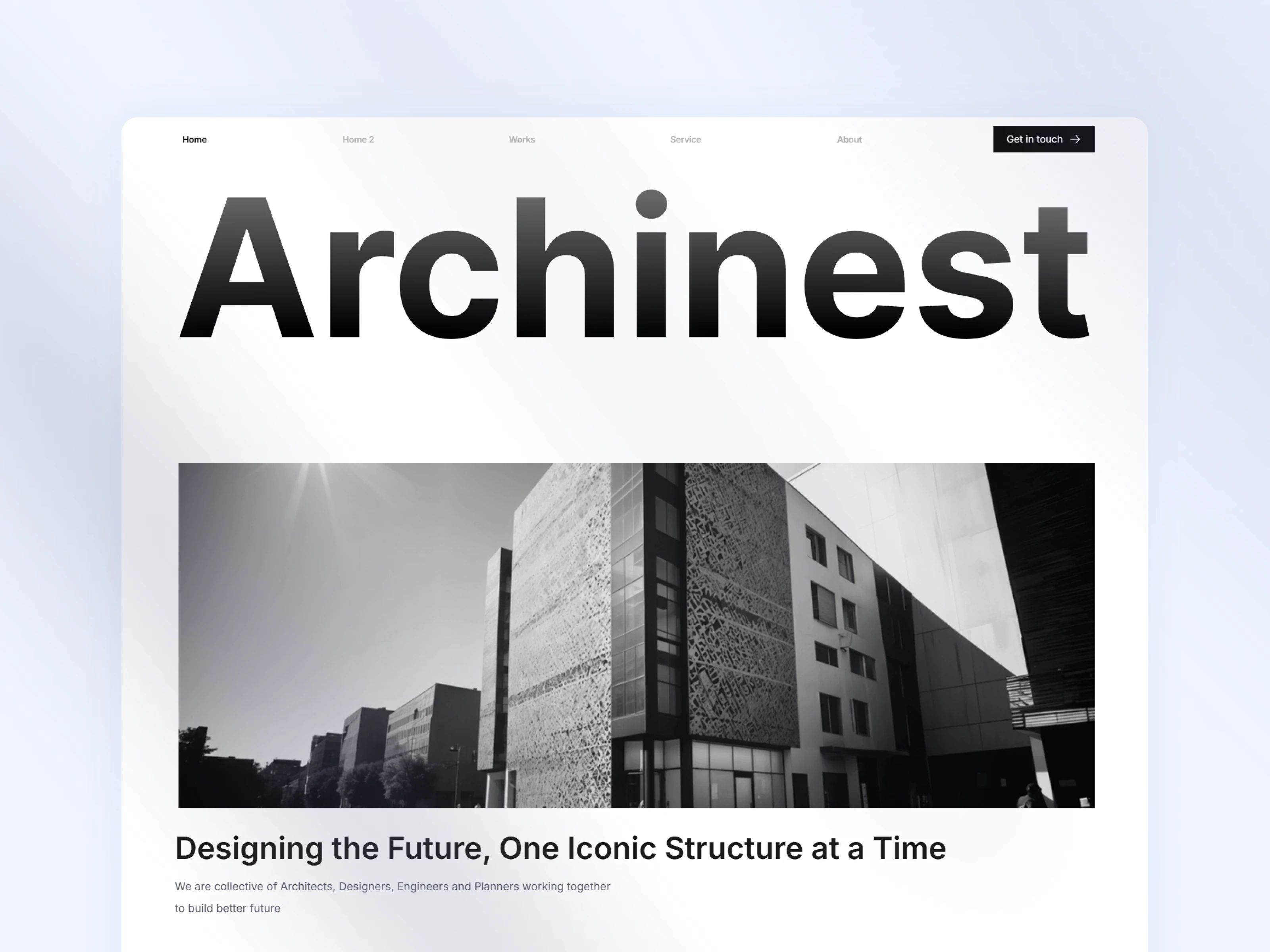 Minimal architecture website hero with large gradient typography and B&W building photos