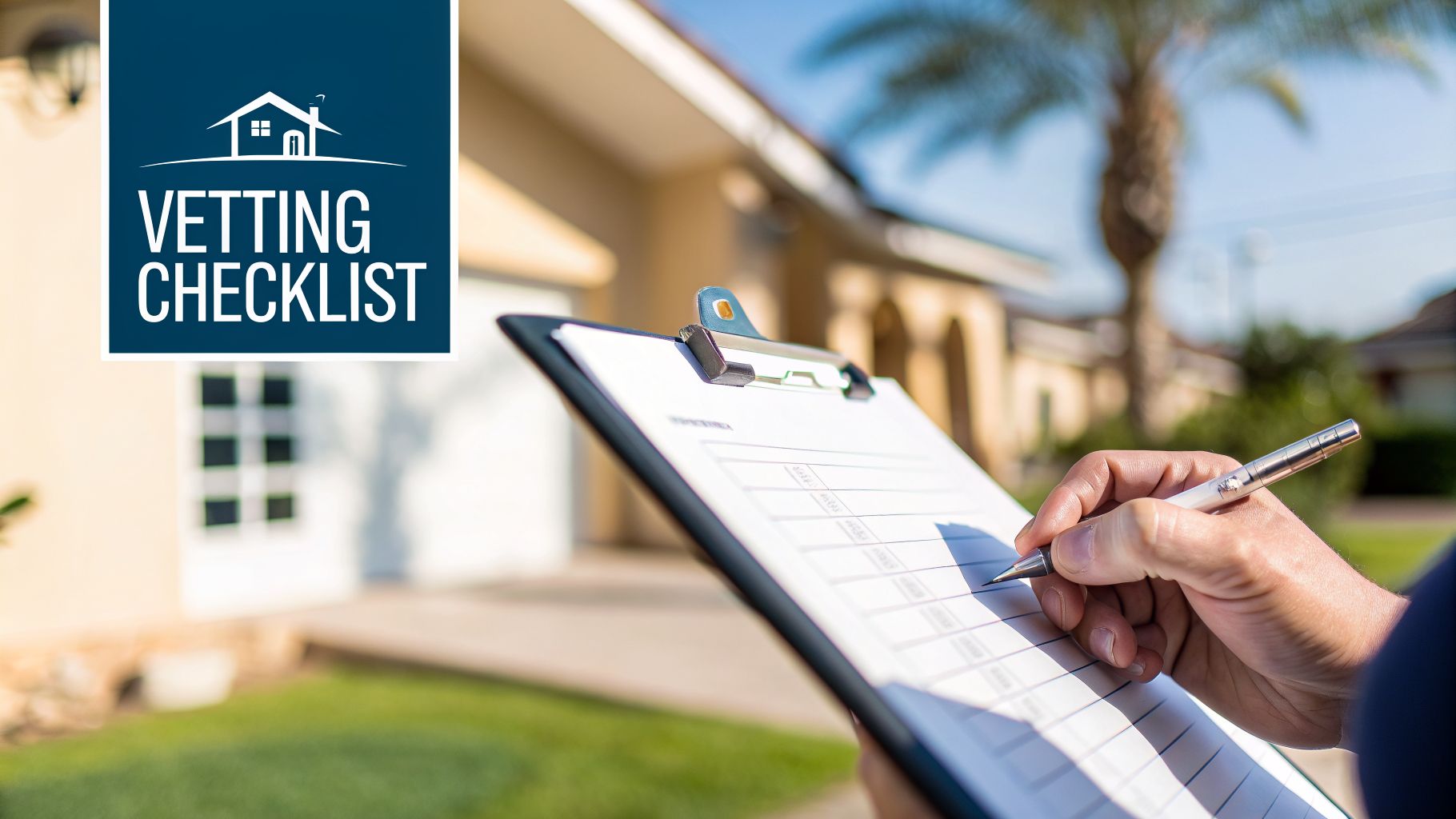 A hand writes on a 'Vetting Checklist' on a clipboard, with a house and palm tree in the background.