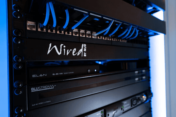 Rack mounted network equipment with blue cables