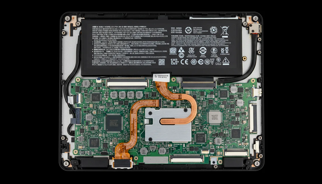 DSLR top-down, flat lay photograph of the internal components of a modern Chromebook with its back cover removed, set against a solid black background. The shot captures the intricate details under direct, even lighting. A large, black rectangular Li-ion battery with white abstracted regulatory text and symbols occupies the top portion. Below it, a complex green motherboard (PCB) is visible, featuring microchips, a prominent copper-colored metal heat shield, orange ribbon cables, and various connectors. The entire assembly is in sharp focus, showcasing the textures of matte plastic, metal, and circuit board material with high fidelity.