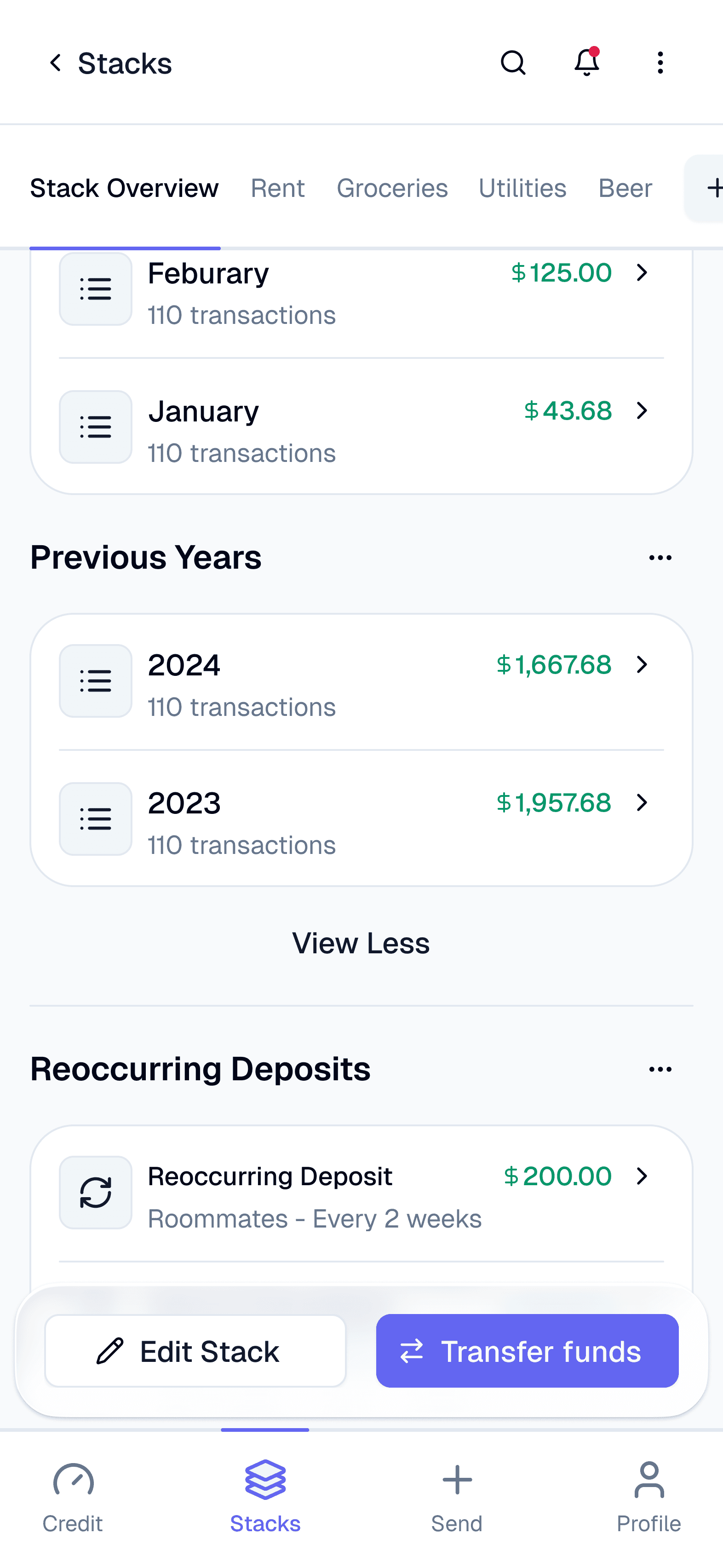 WeStack app showing group balances with individual contributions and amounts owed across shared expenses