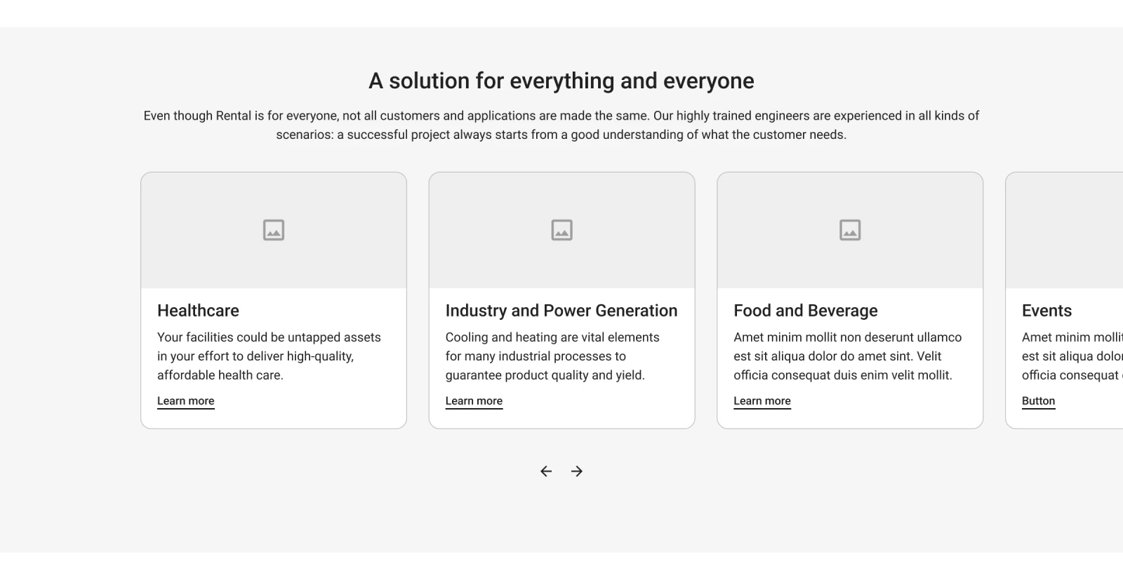 Markets carousel wireframe: Healthcare, Industry and Power Generation, Food and Beverage, Events