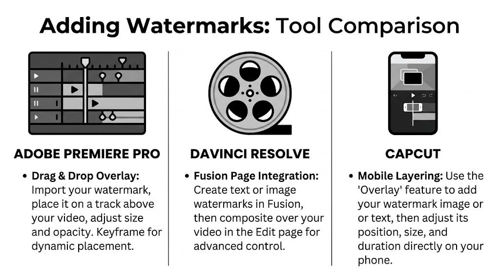 A comparison guide showing how to add watermarks to videos using Adobe Premiere Pro, DaVinci Resolve, and CapCut.