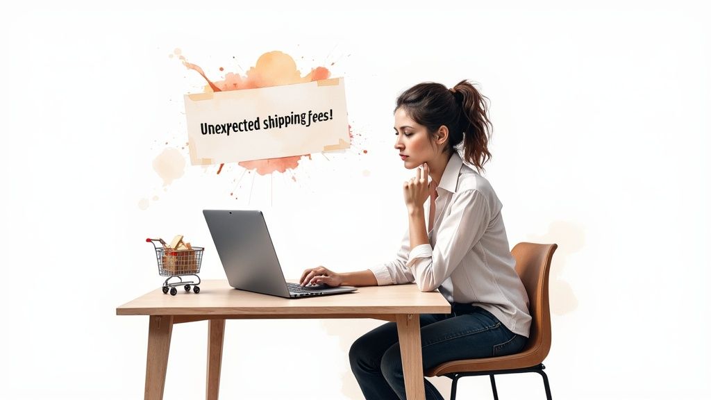 A woman discovers unexpected shipping fees while online shopping on her laptop, next to a mini cart.