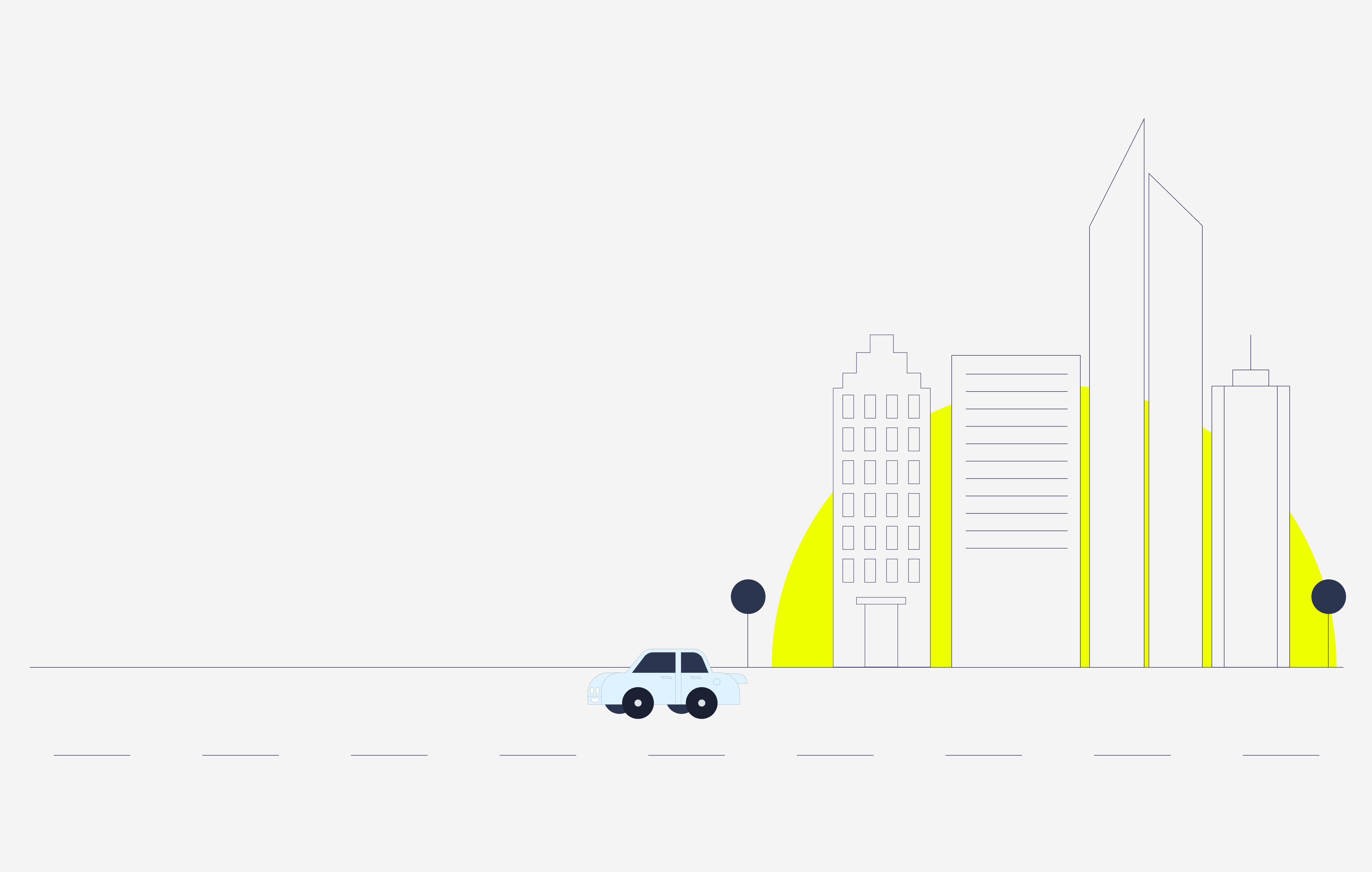 Ilustración de un vehículo transitando por la ciudad con edificios modernos, representando la movilidad de Zona P.