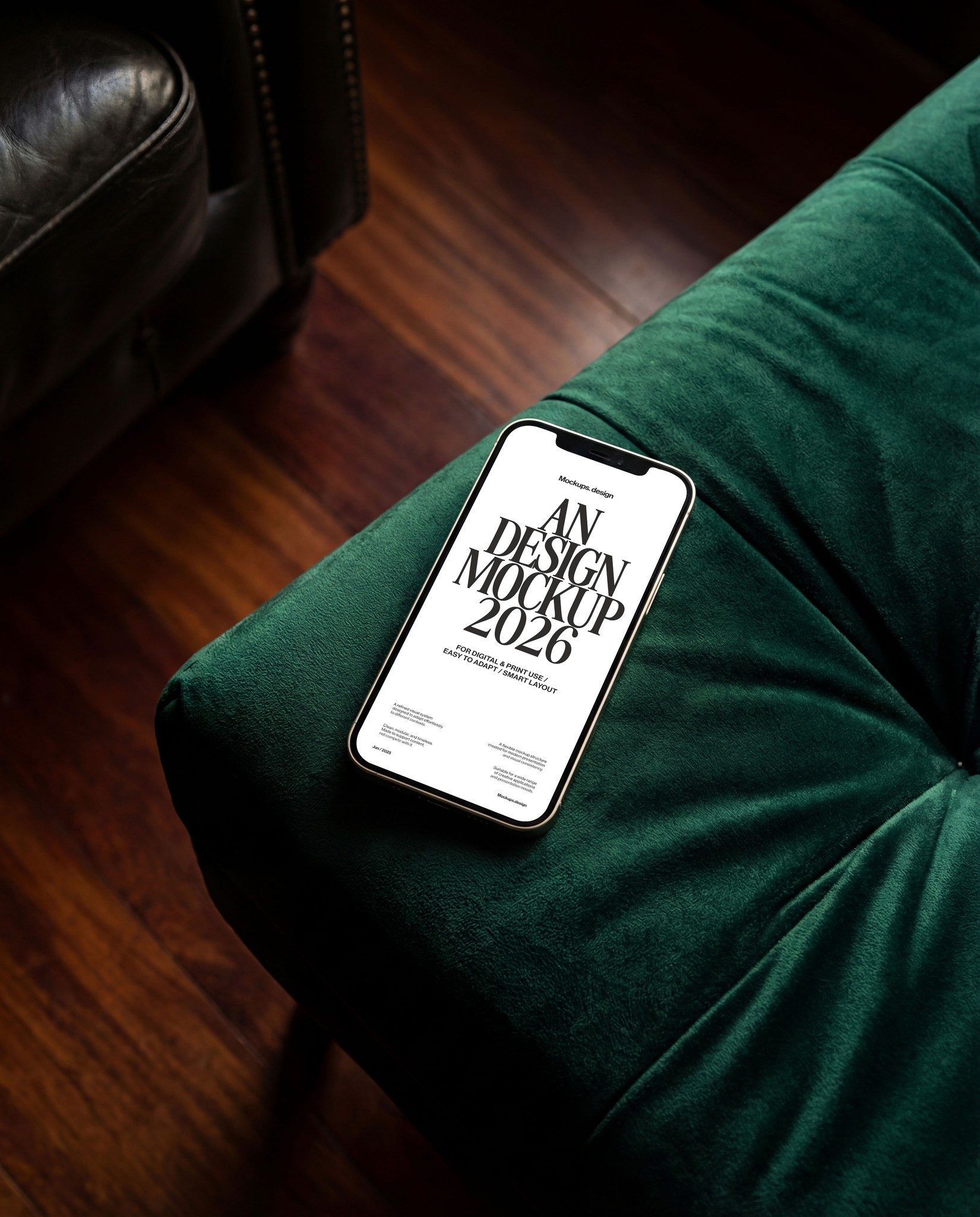 iPhone 16 mockup on sofa, casual home setting