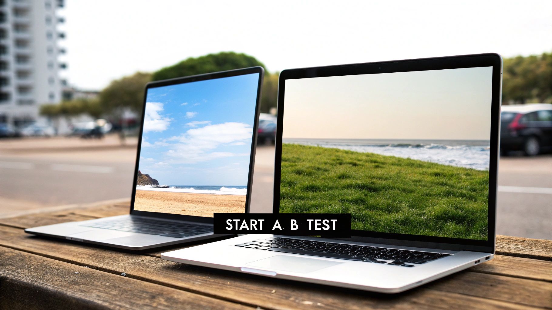 Two laptops display different website versions for an A/B test on a wooden table outdoors.