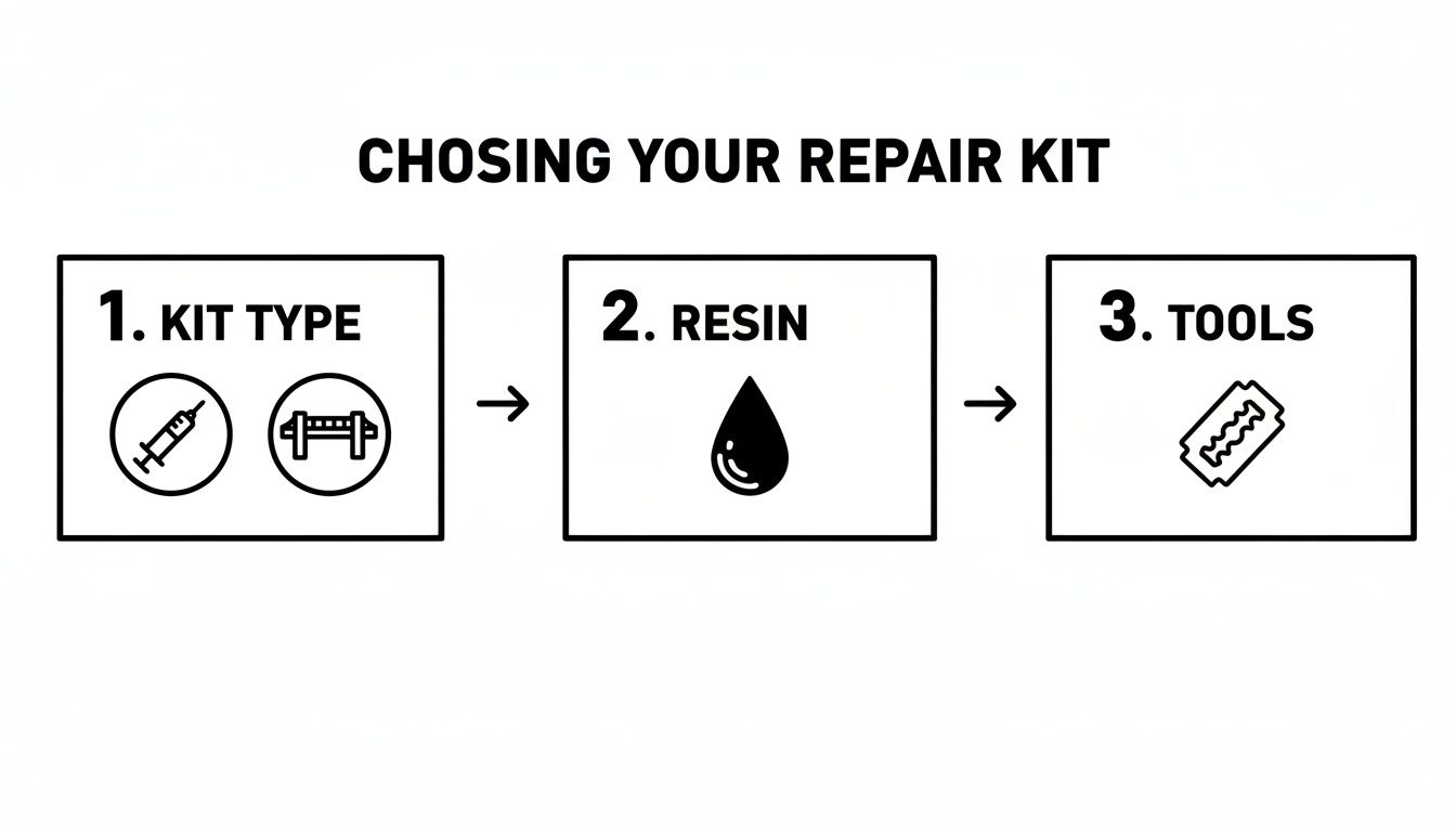 A three-step visual guide for choosing a repair kit: Kit Type, Resin, and Tools, with corresponding icons.