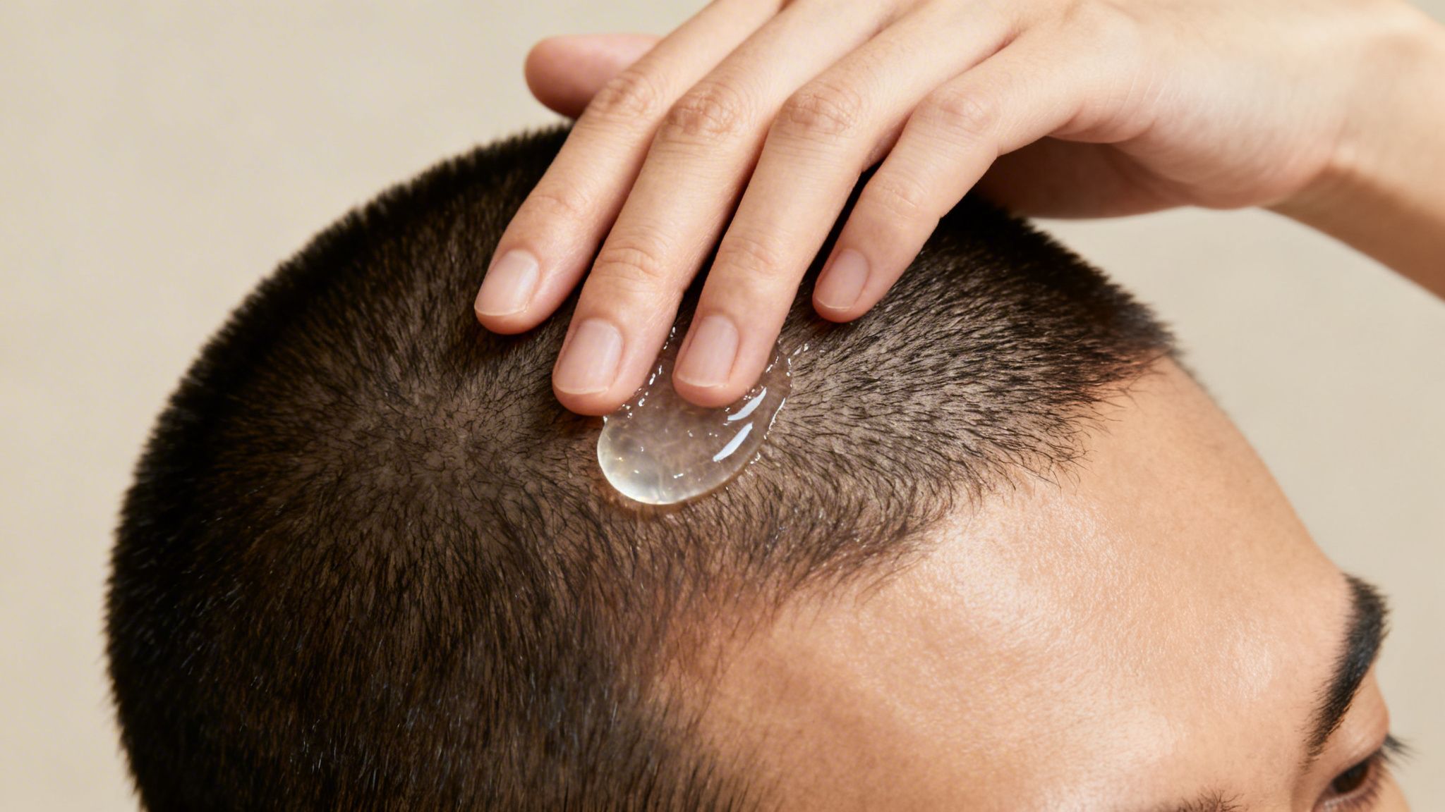 Close-up of a hand applying clear gel to a person's short, dark hair and scalp for treatment.