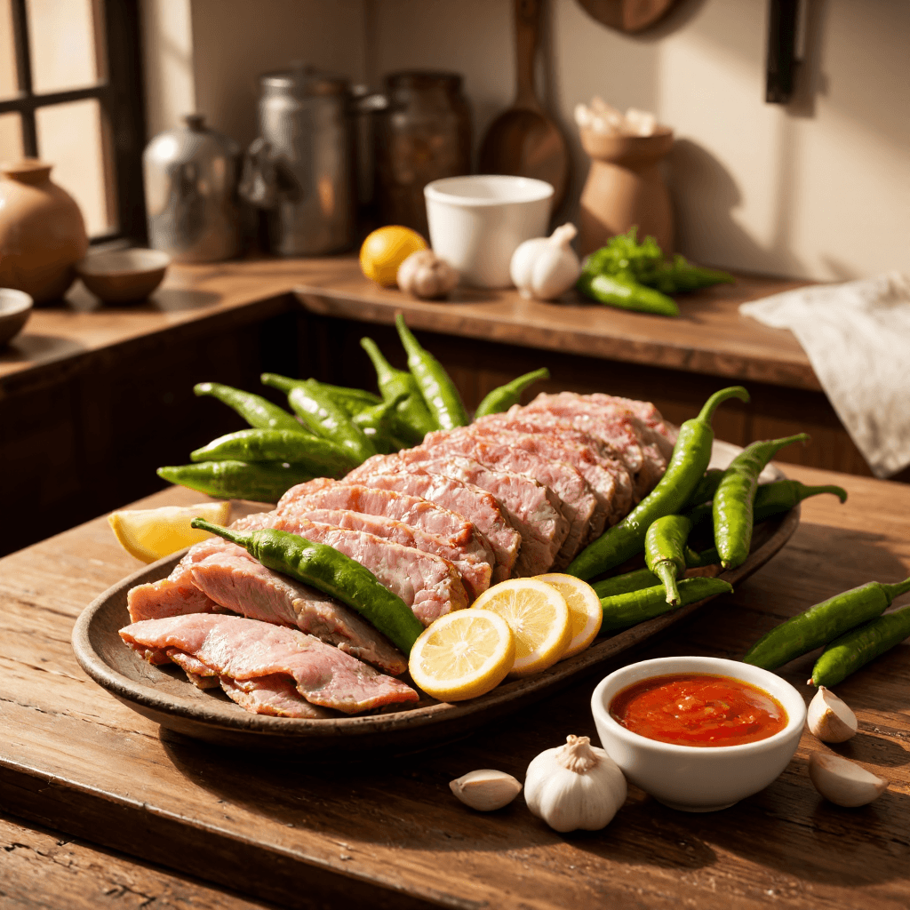 product photography of a platter of sliced meat and side dishes