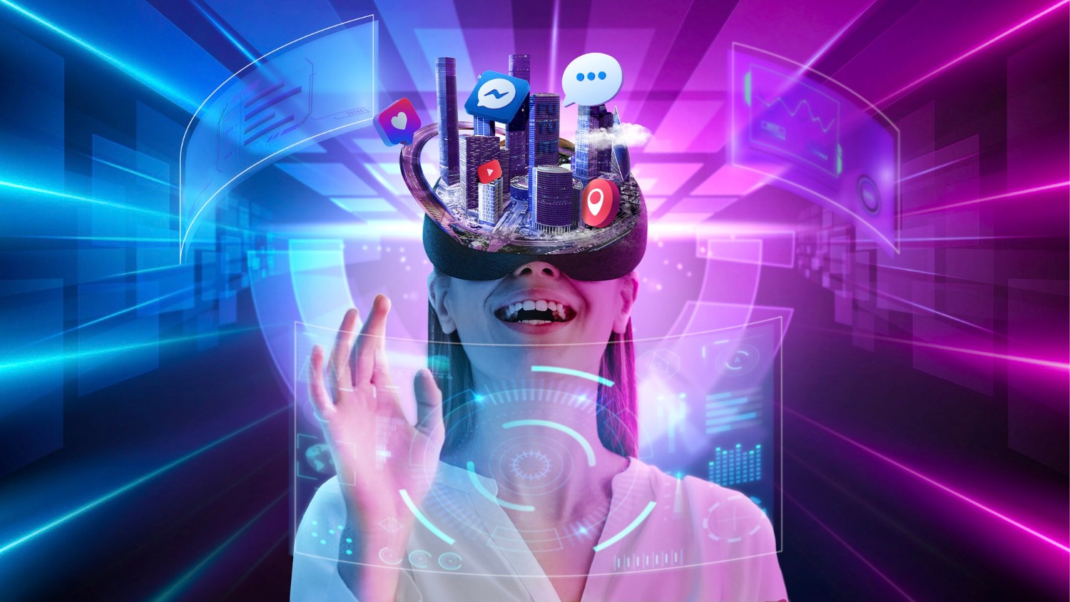 A woman immersed in a virtual reality experience, wearing a headset against a vibrant, futuristic backdrop.