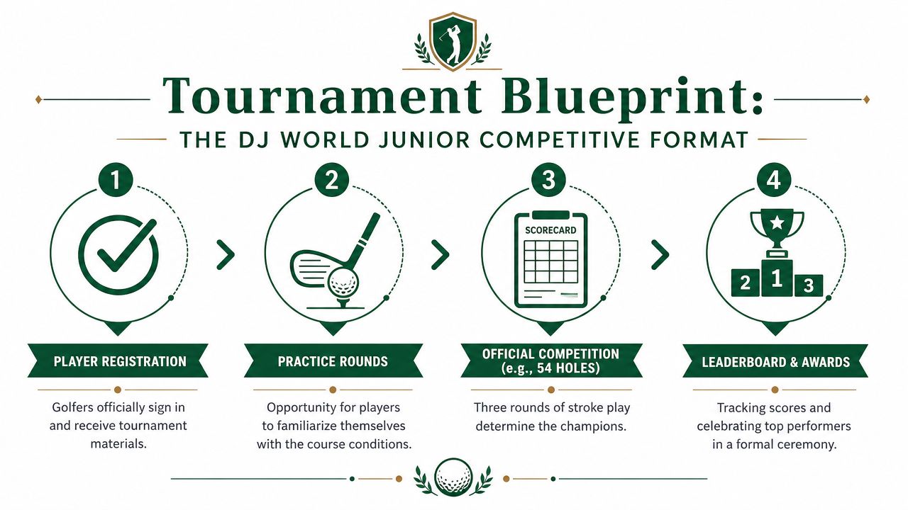 An infographic titled Tournament Blueprint outlining the four stages of the Dustin Johnson World Junior golf competition.