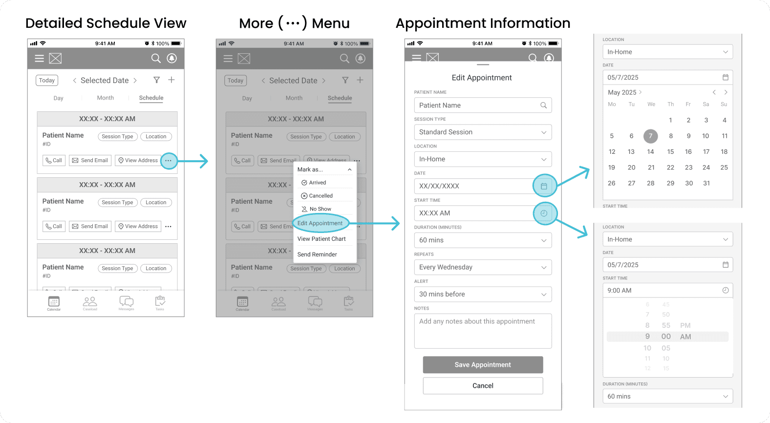 Mid fidelity wireframes showing "edit existing appointment" flow