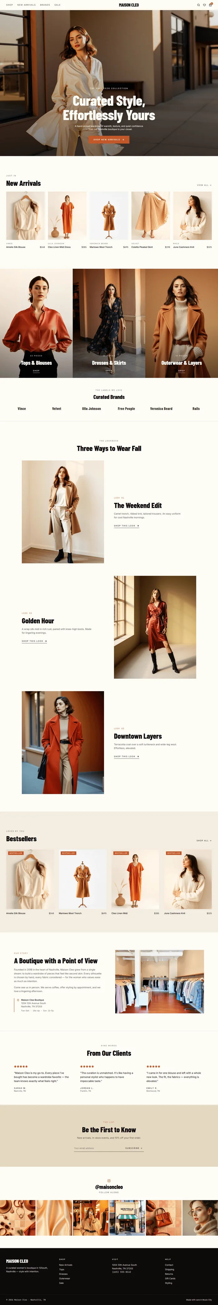 Full clothing boutique website design: Ken Burns hero, lookbook, new arrivals, shop sections