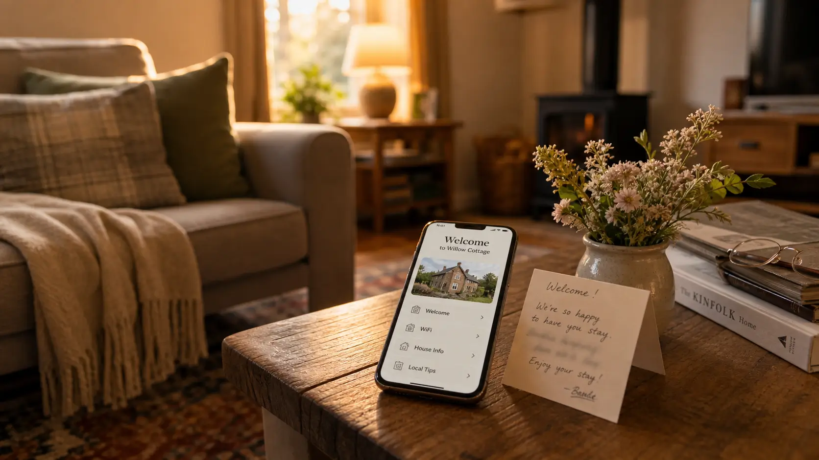 Phone showing an Airbnb welcome book beside a handwritten note on a coffee table.