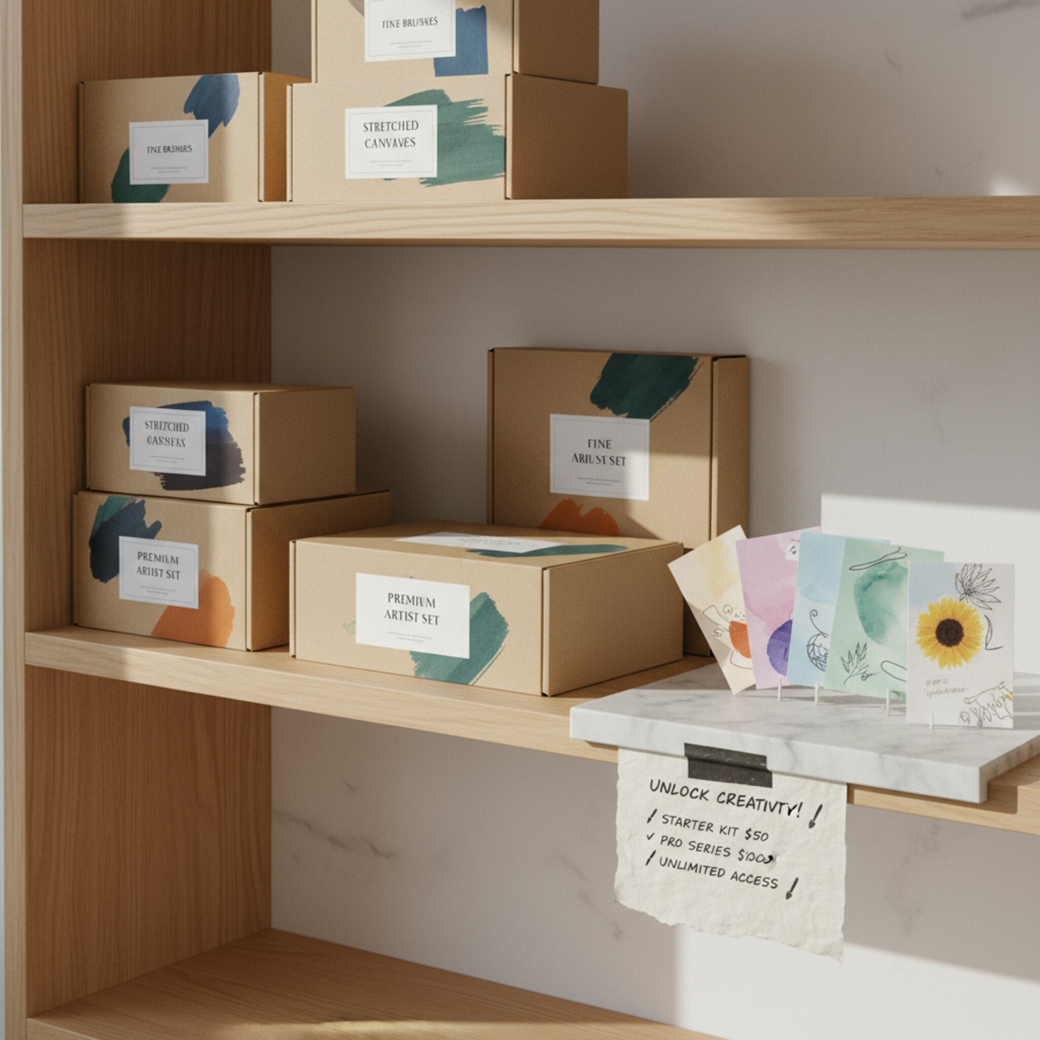 Ein Regal zeigt ordentlich sortierte Boxen mit Pinseln, Leinwänden und Premium‑Sets. Daneben liegen hübsch gestaltete Gutscheinkarten in verschiedenen Farben. Ein kleiner Preishinweis auf Papier betont Angebotsvarianten. Die Szene wirkt professionell, einladend und verkaufsstark.