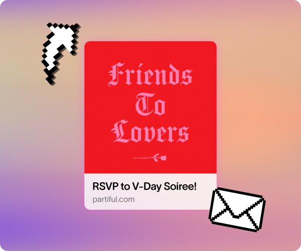 Friends to Lovers party poster for IRL singles mixer event hosted on Partiful.