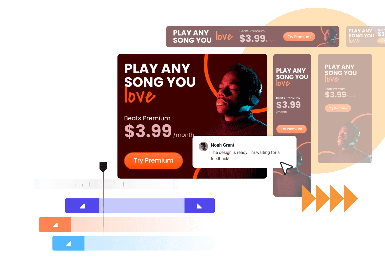 Banner ad editor with stock photo search, drag-and-drop image placement, and text formatting controls.