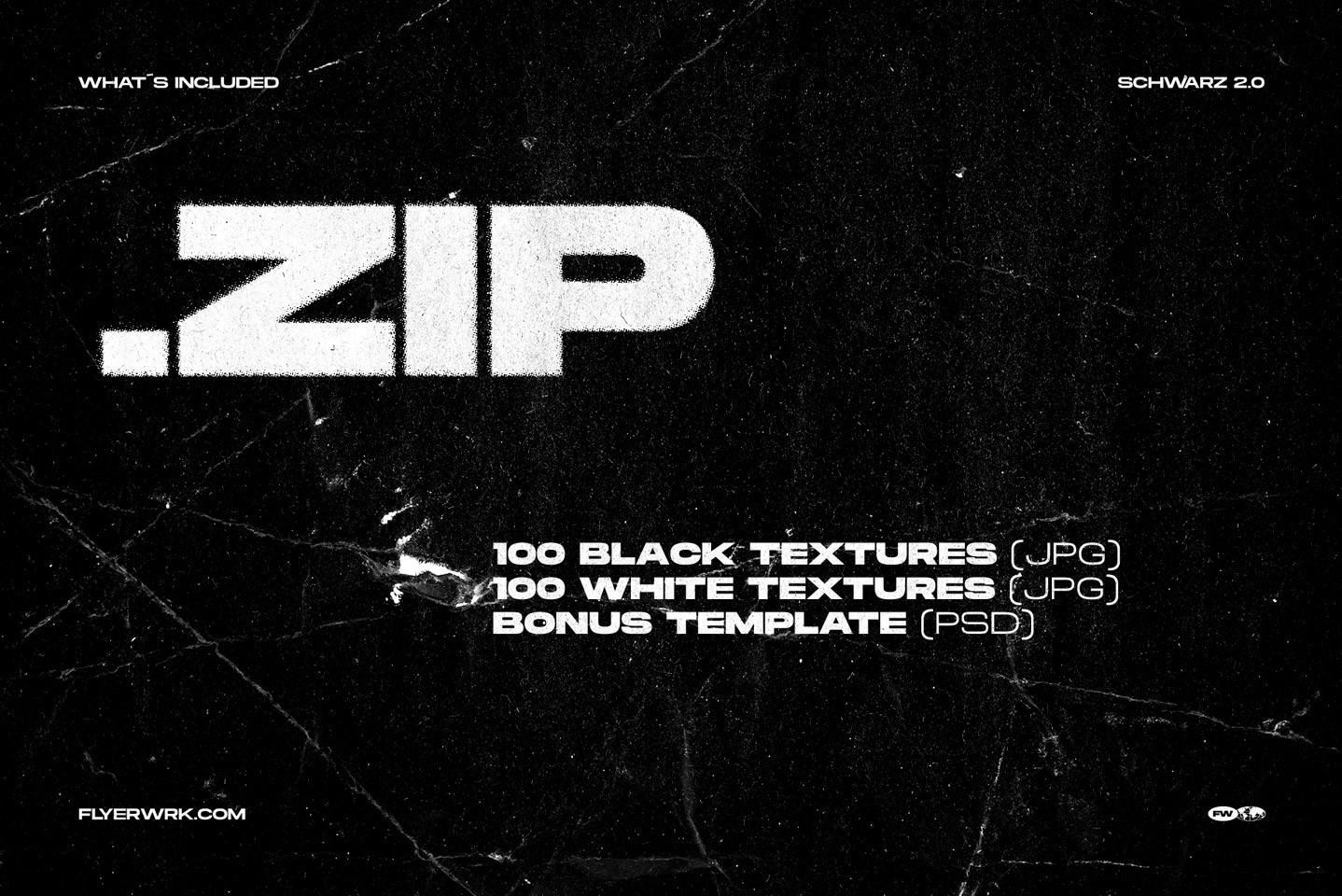 Black paper textures pack contents showing 100 black textures 100 white textures and PSD template