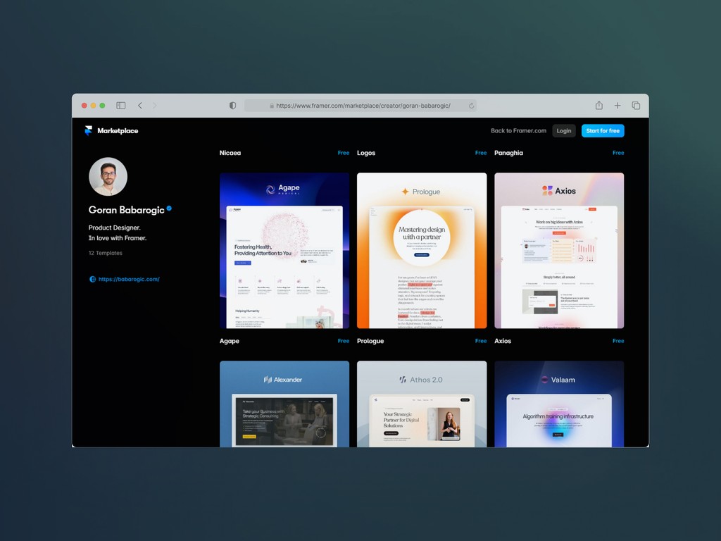 Goran Babarogic Free Framer templates Top Creator