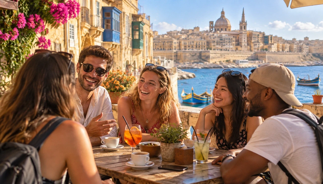 A group of diverse friends laughing and chatting at an outdoor café with a scenic Malta waterfront view.