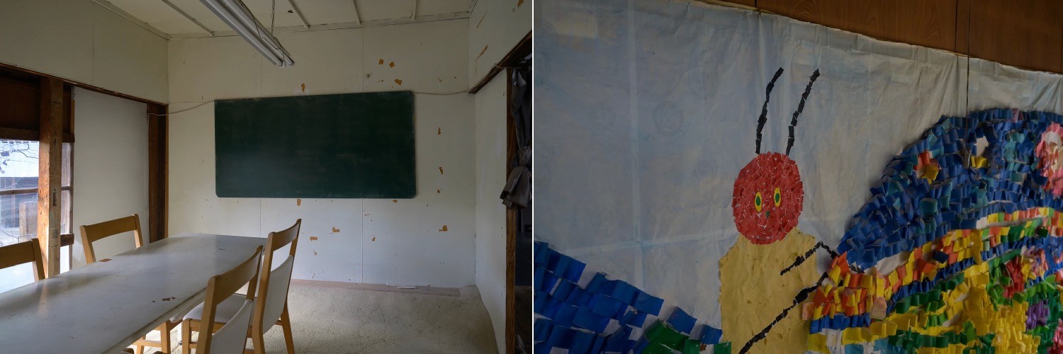 左:教室のような空間もある / 右:子どもたちのワークショップでの成果物が壁に大きく掲げられている
