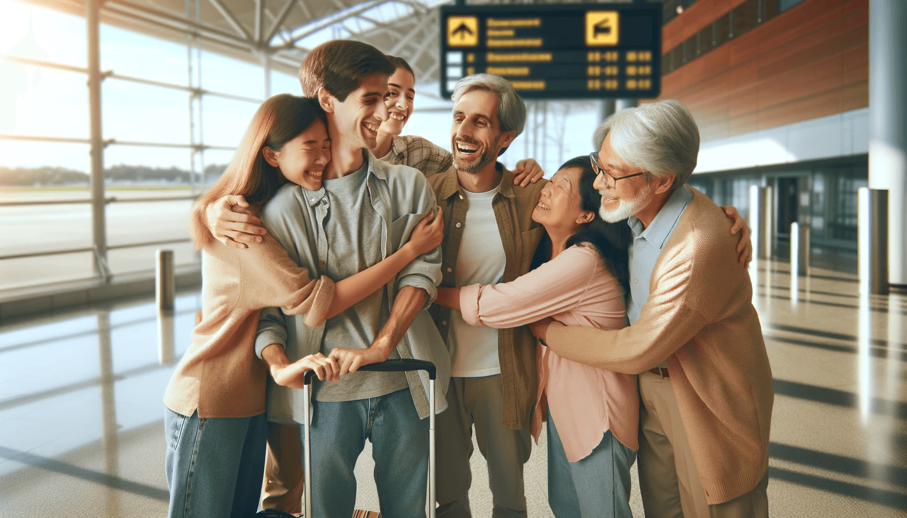 A diverse family emotionally reuniting at an airport, with joyful embraces and happy expressions, depicting the successful outcome of the USCIS I-130 family reunification process.